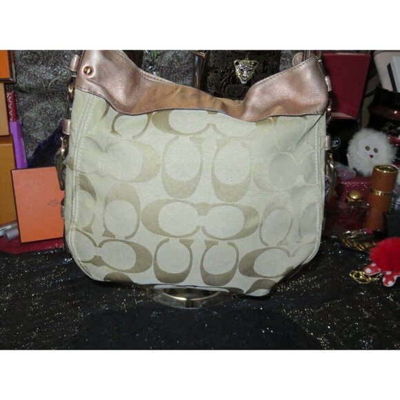 Coach 09 Zoe Signature Canvas Jacquard Khaki & HTF Rose Gold Hobo Handbag 12674
